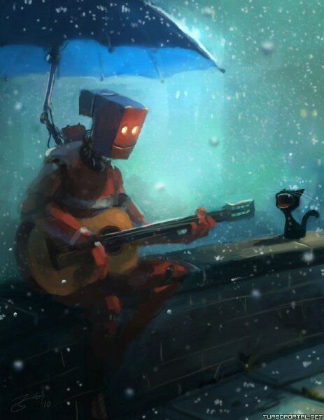 Робот под зонтом играет на гитаре (рисунок)